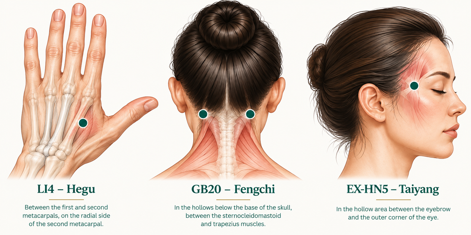 Tao Point Golden Tips infographic showing the locations of LI4 Hegu on the hand, GB20 Fengchi at the base of the skull, and EX-HN5 Taiyang at the temple for a headache acupressure routine.