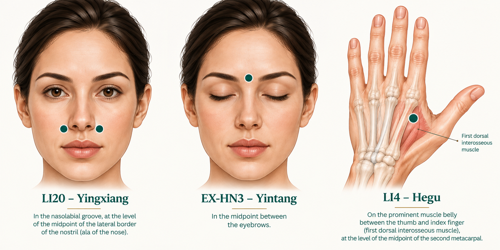 Tao Point visual guide showing LI20 Yingxiang beside the nose, EX-HN3 Yintang between the eyebrows, and LI4 Hegu on the hand for a nasal congestion acupressure routine.